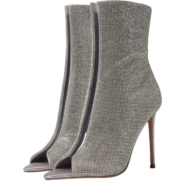 Steve Madden Finley-R Rhinestone Embellished Peep Toe Stiletto Boots Size 5.5 - Picture 1 of 11